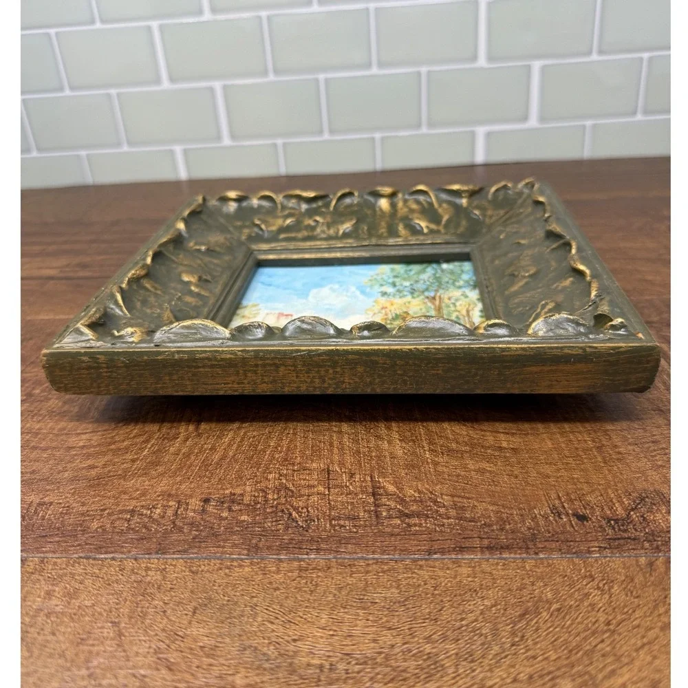 VTG Miniature European Landscape Painting Ornate Olive Gold Frame